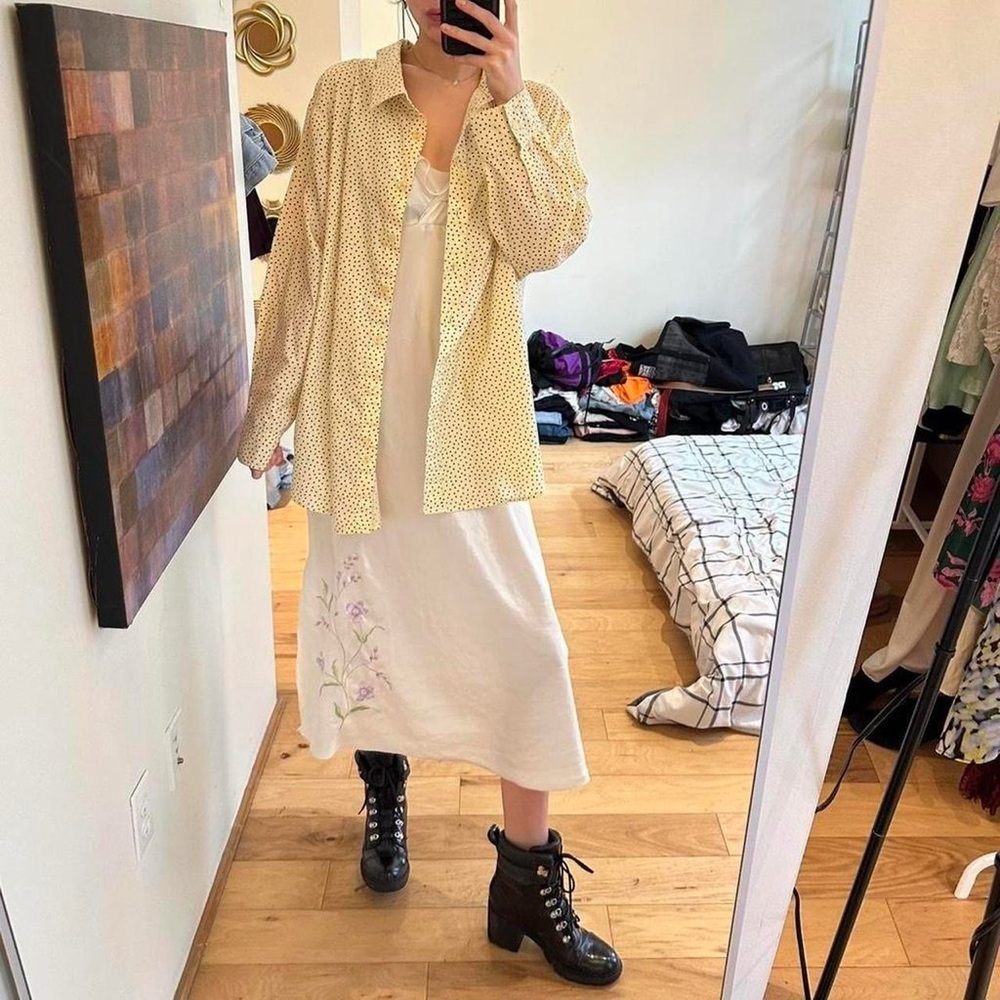 Yellow with Navy blue Polka Dot button down Shirt